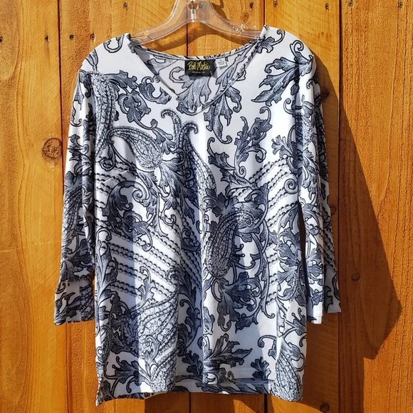 Bob Mackie Wearable Art 3/4 Sleeve V Neck White Gray Black Size Small - Picture 1 of 7